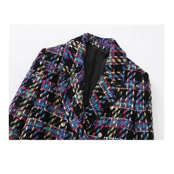 Cropped Tweed Jacket Multicolor Tartan Plaid Jacket Buttoned - Picture 4 of 11